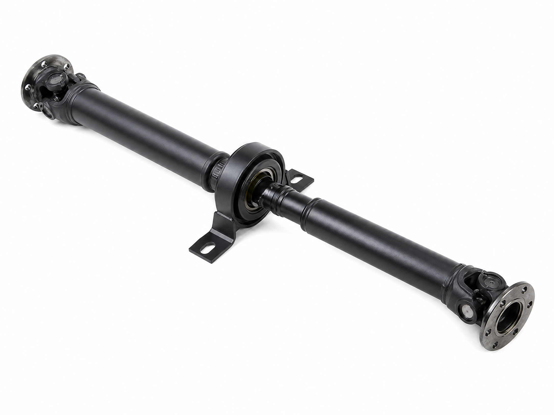 Two-piece drive shaft with center bearing